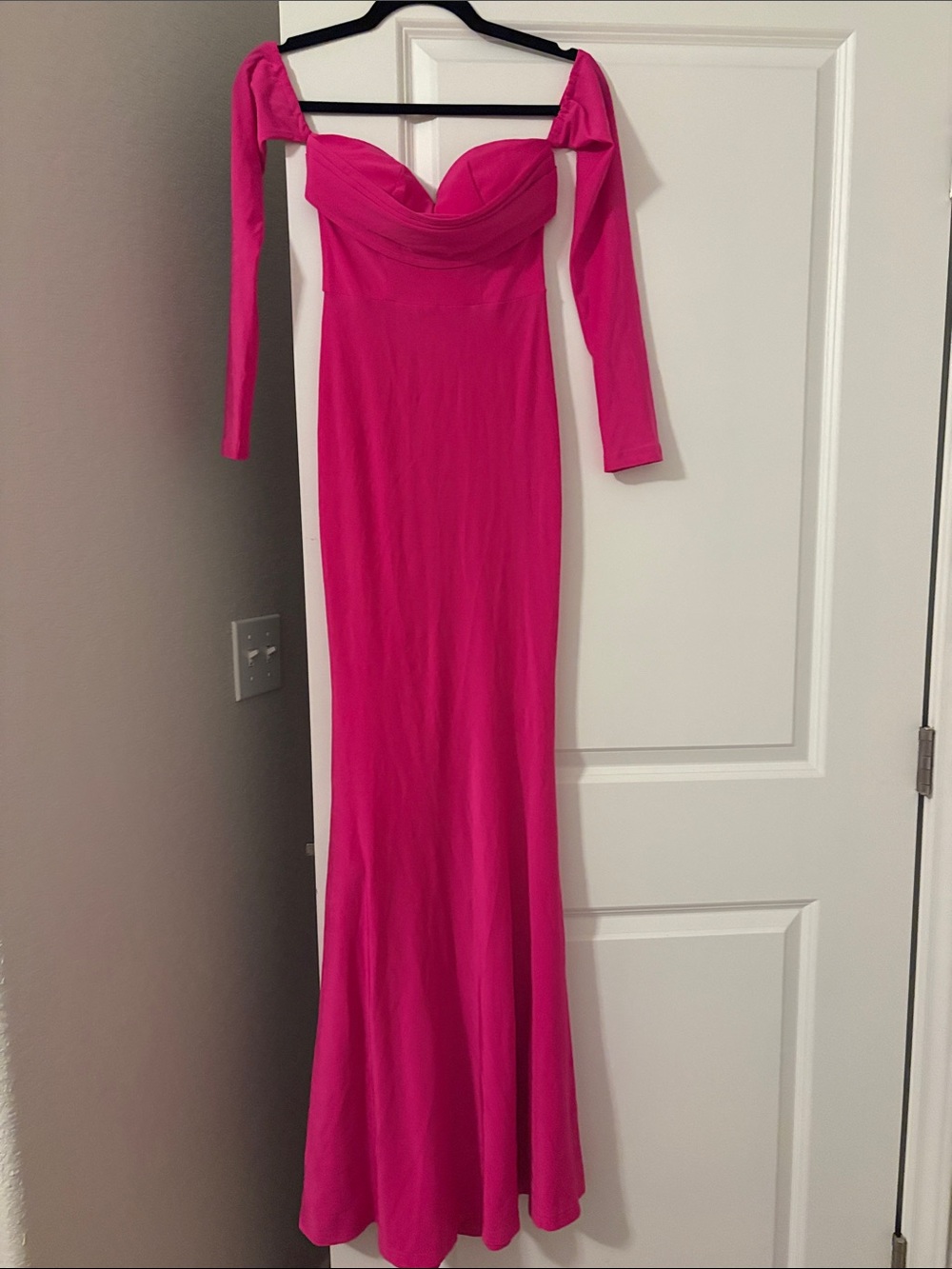 Long-Sleeve Off-Shoulder Hot Pink Evening Gown